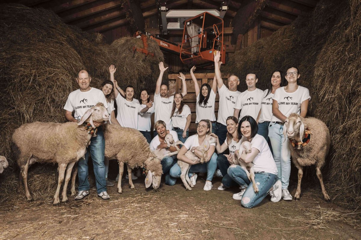 Foto des Hotelteams mit Schafen