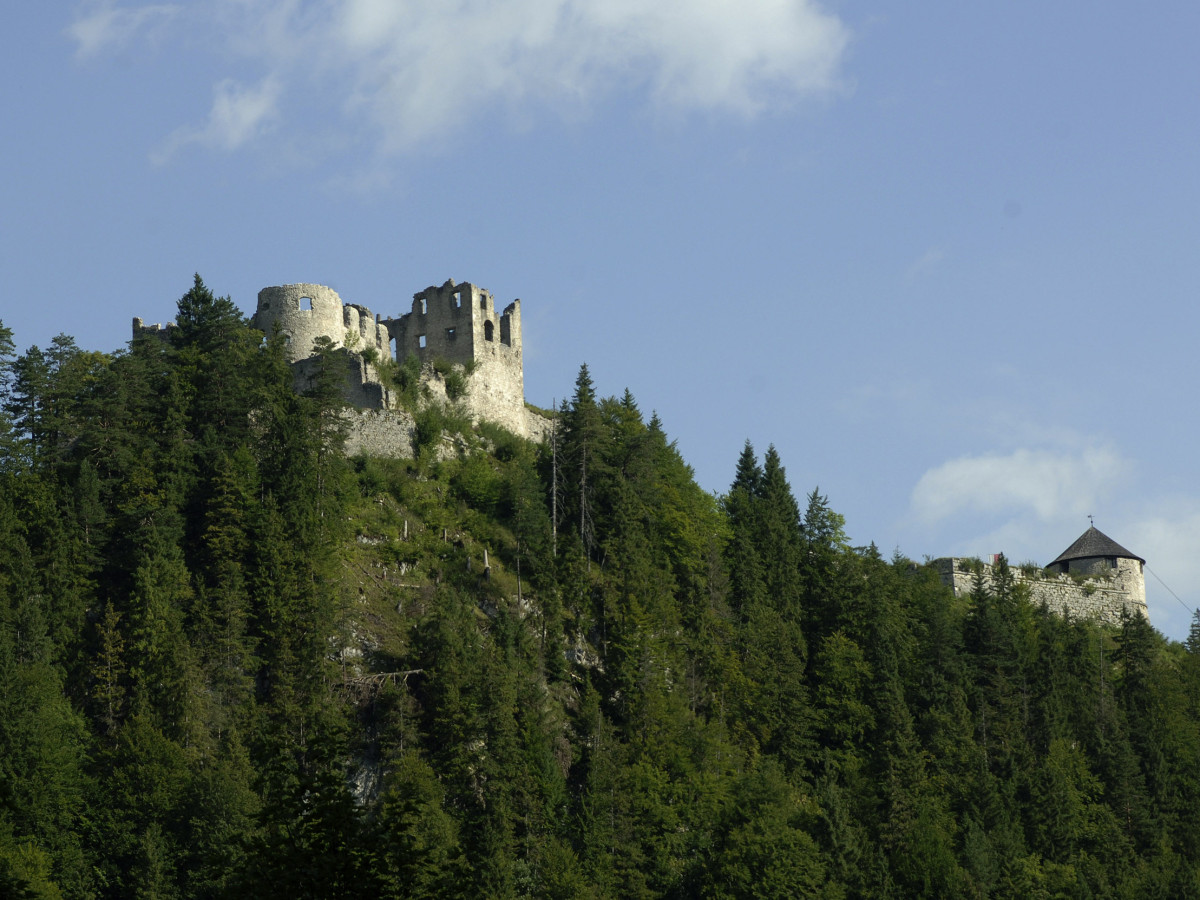 © Tirol Werbung, Bernhard Aichner Ruine Ehrenberg zwischen grünen Wäldern.