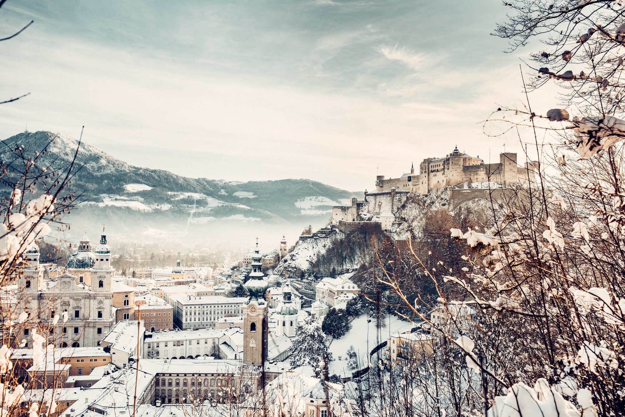 City of Salzburg in winter with a view of the fortress